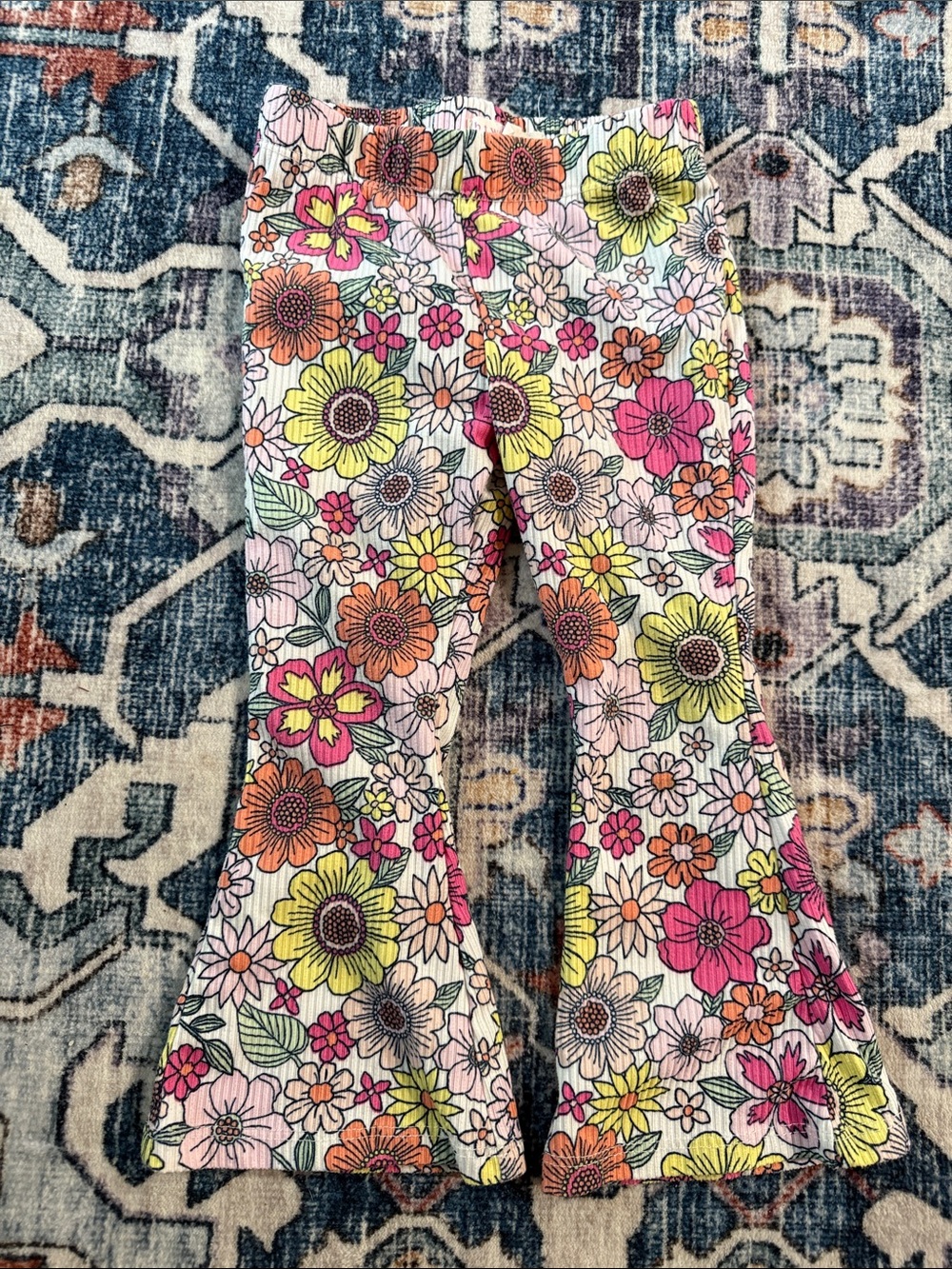 btween Pink and Peach Floral Ribbed Bell-Bottom Pants